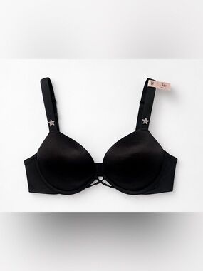 NWT Victoria's Secret Black Satin Push-Up Bra with Star Embellishments